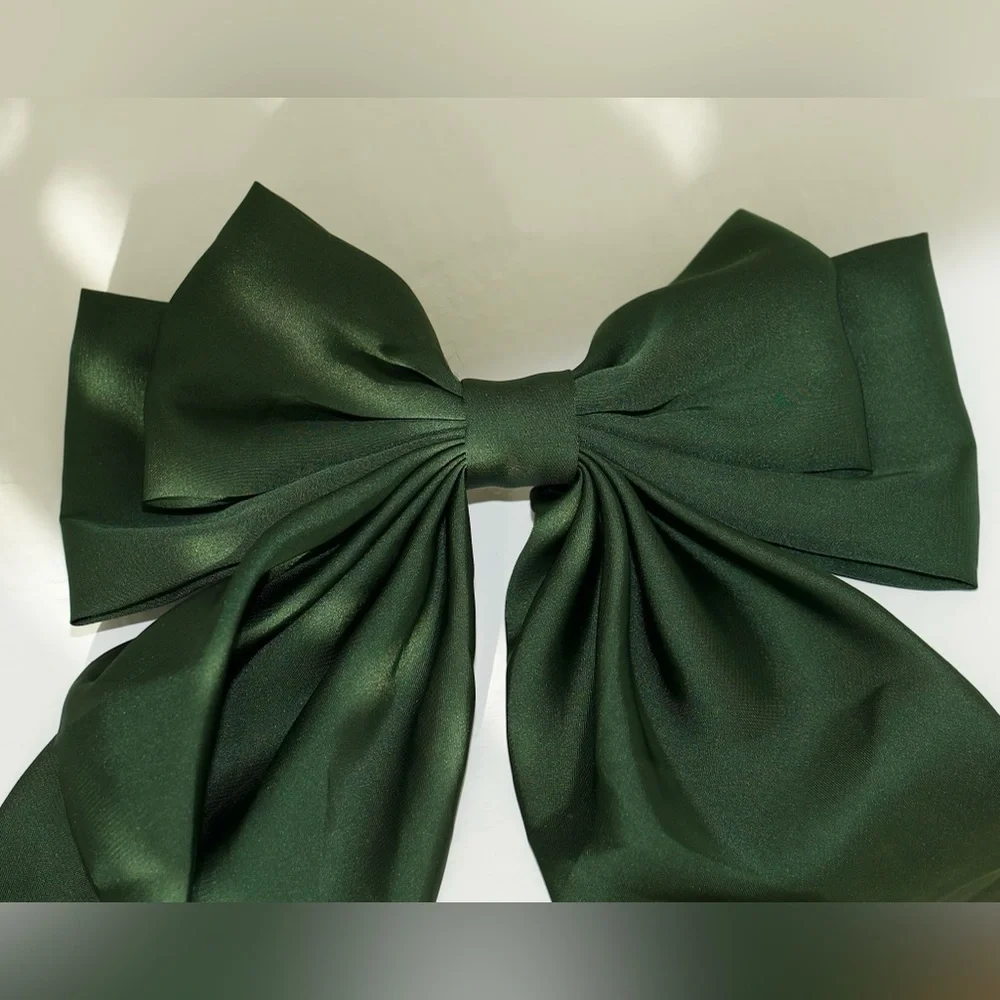 Elegant Dark Green Satin Bow Barrette Hair Accessory